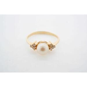 Estate Sale Vintage 14k Yellow Gold Pearl Ring Size 8.75 TCW 0.09 Fine Jewelry